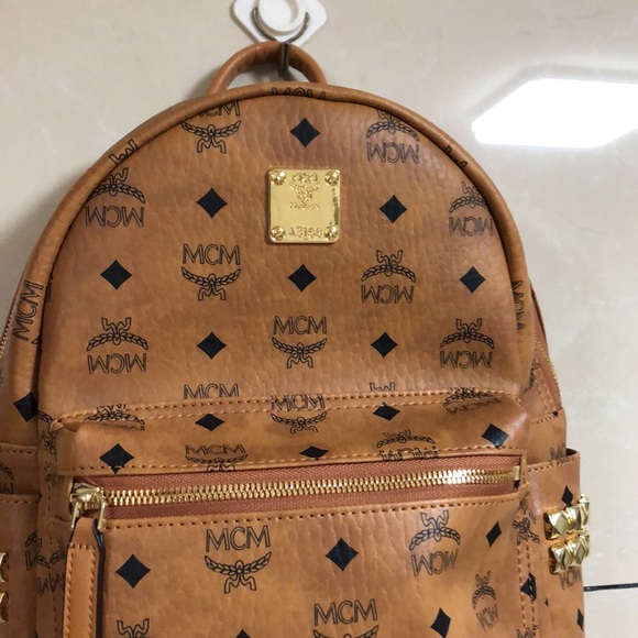 MCM Stark Visetos Monogram Backpack with Side Studs Cognac Brown Medium - Picture 2 of 7